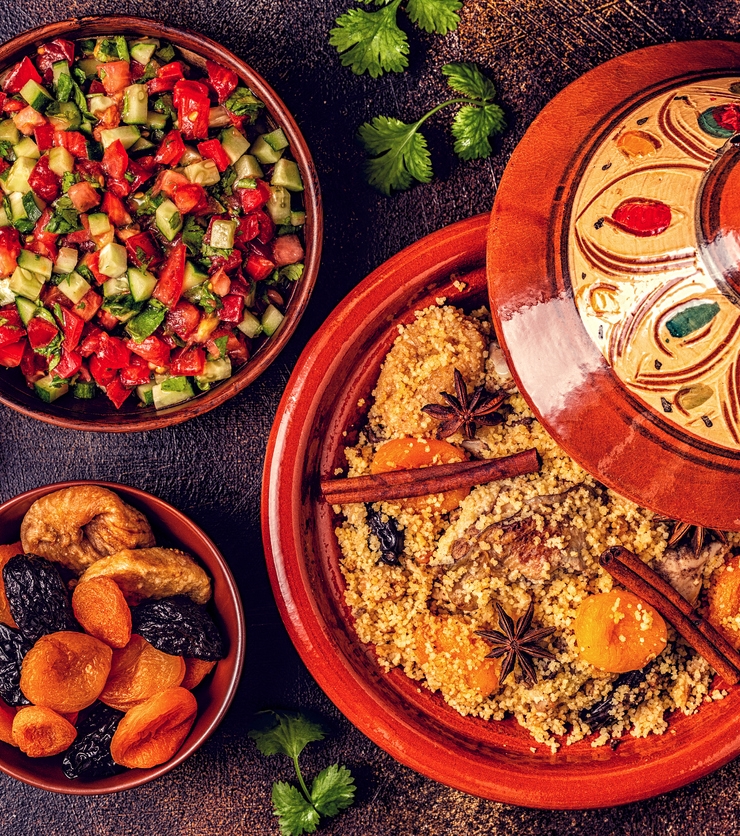 Traditional moroccan tajine of chicken with dried fruits and spices